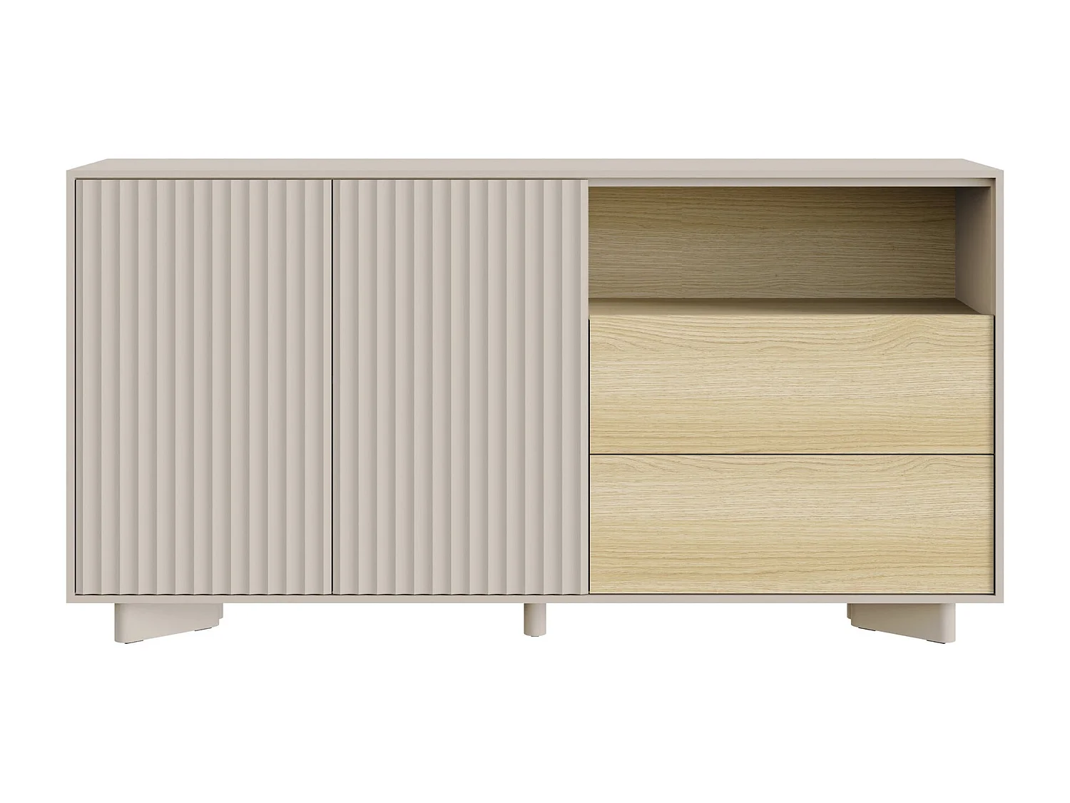 Buffet avec tiroirs et façade rainurée – 156 cm – gris cachemire aspect chêne – DISTRIA