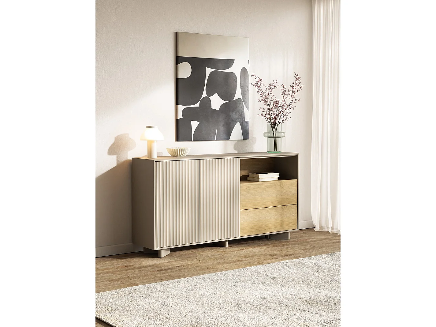 Dressoir met lades en geribbelde front kasjmiergrijs / eikenlook – 156 cm – DISTRIA
