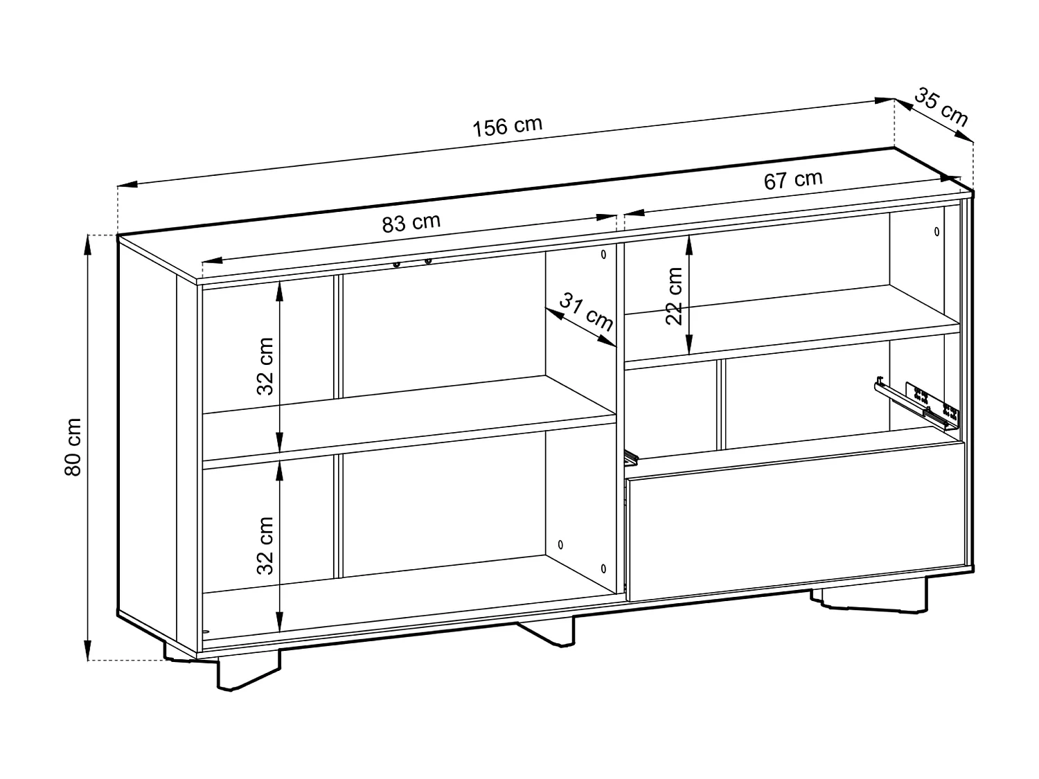 Sideboard mit Schubladen und geriffelter Front Kaschmirgrau / Eichenholzoptik – 156 cm – DISTRIA
