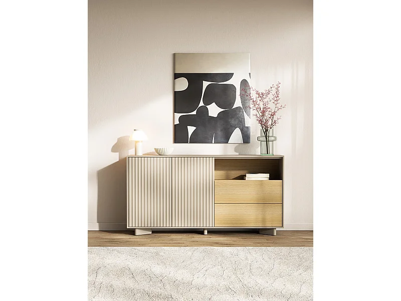 Sideboard mit Schubladen und geriffelter Front Kaschmirgrau / Eichenholzoptik – 156 cm – DISTRIA