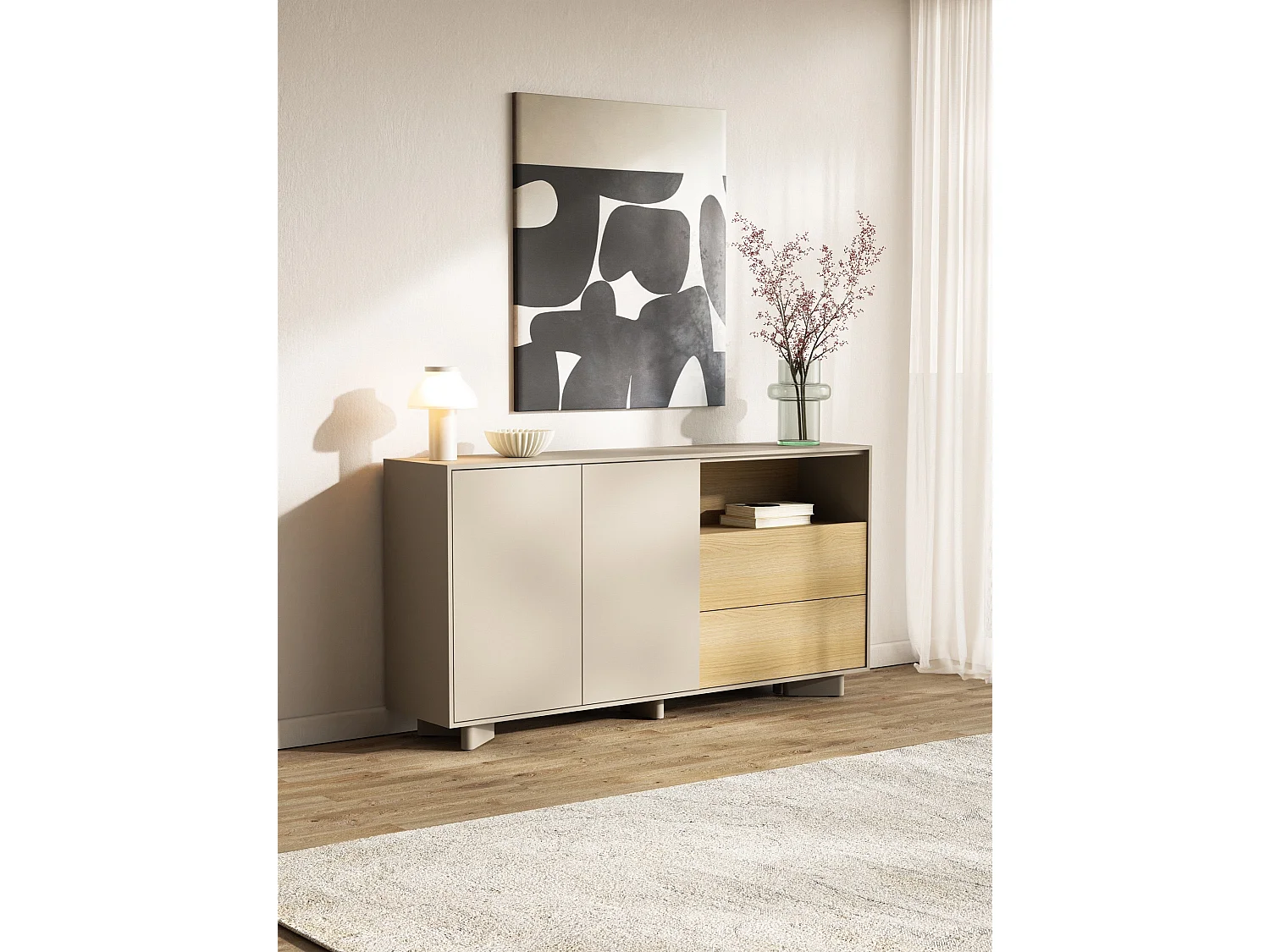 Sideboard mit Schubladen Kaschmirgrau / Eichenholzoptik – 156 cm – DISTRIA