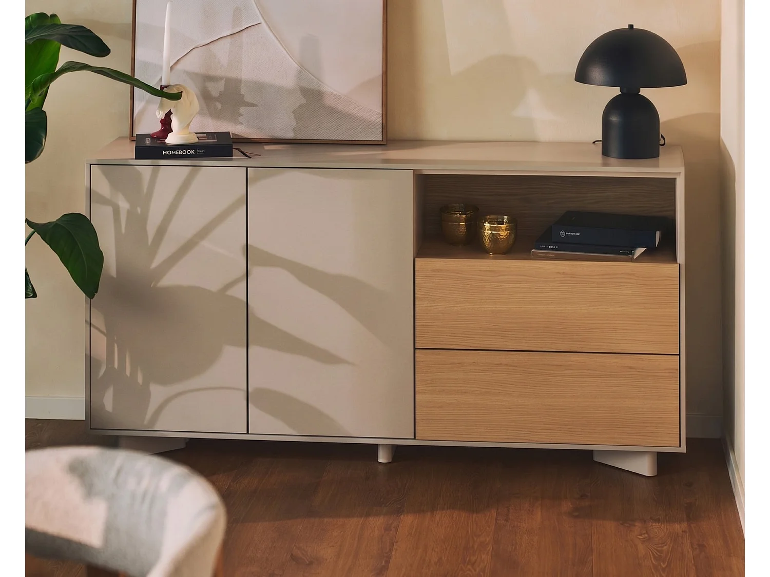 Dressoir met lades kasjmiergrijs / eikenlook – 156 cm – DISTRIA