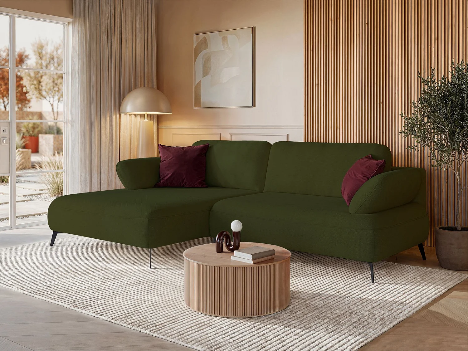 Canapé d’angle convertible – coffre de rangement – chenille hydrofuge – côté gauche – vert olive – AVOLLA