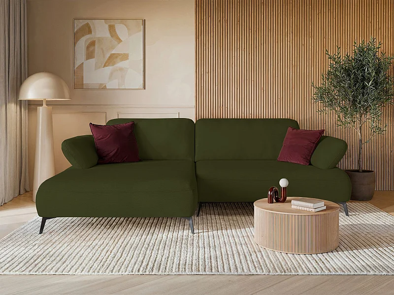 Canapé d’angle convertible – coffre de rangement – chenille hydrofuge – côté gauche – vert olive – AVOLLA