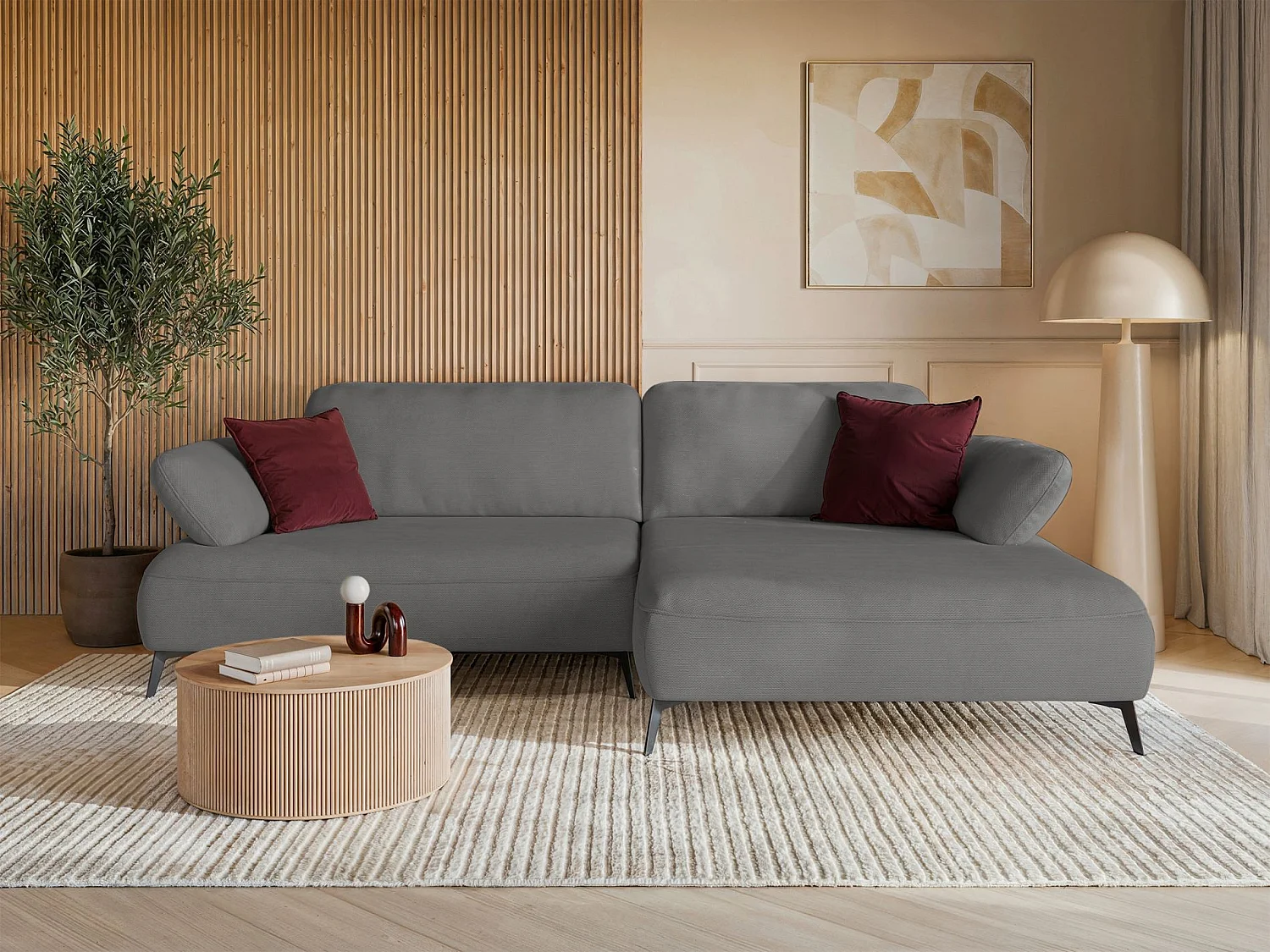 Canapé d’angle convertible – coffre de rangement – chenille hydrofuge – côté droit – gris – AVOLLA