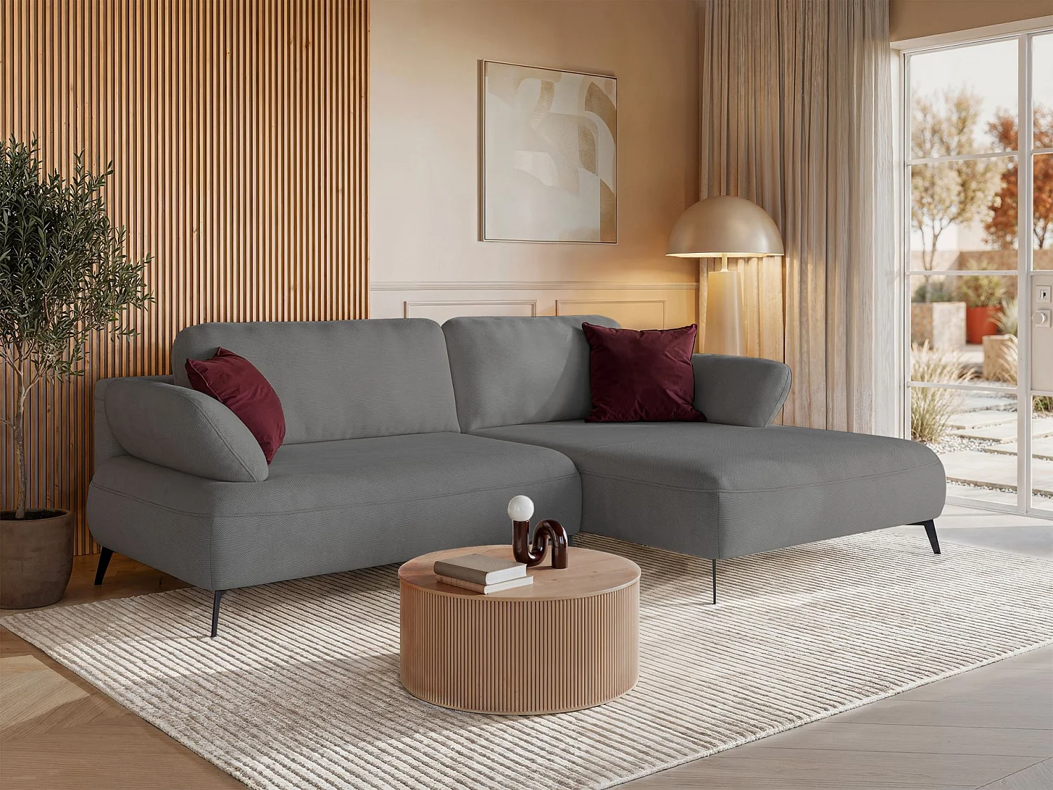 Canapé d’angle convertible – coffre de rangement – chenille hydrofuge – côté droit – gris – AVOLLA