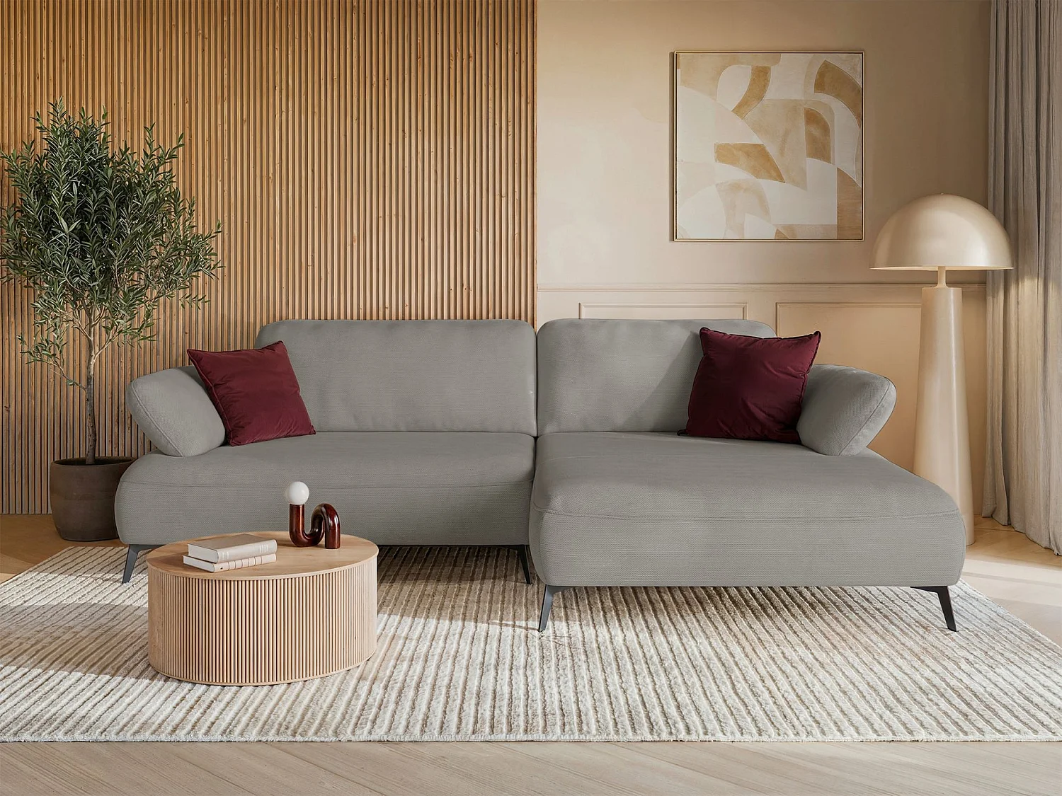 Canapé d’angle convertible – coffre de rangement – chenille hydrofuge – côté droit – gris beige – AVOLLA