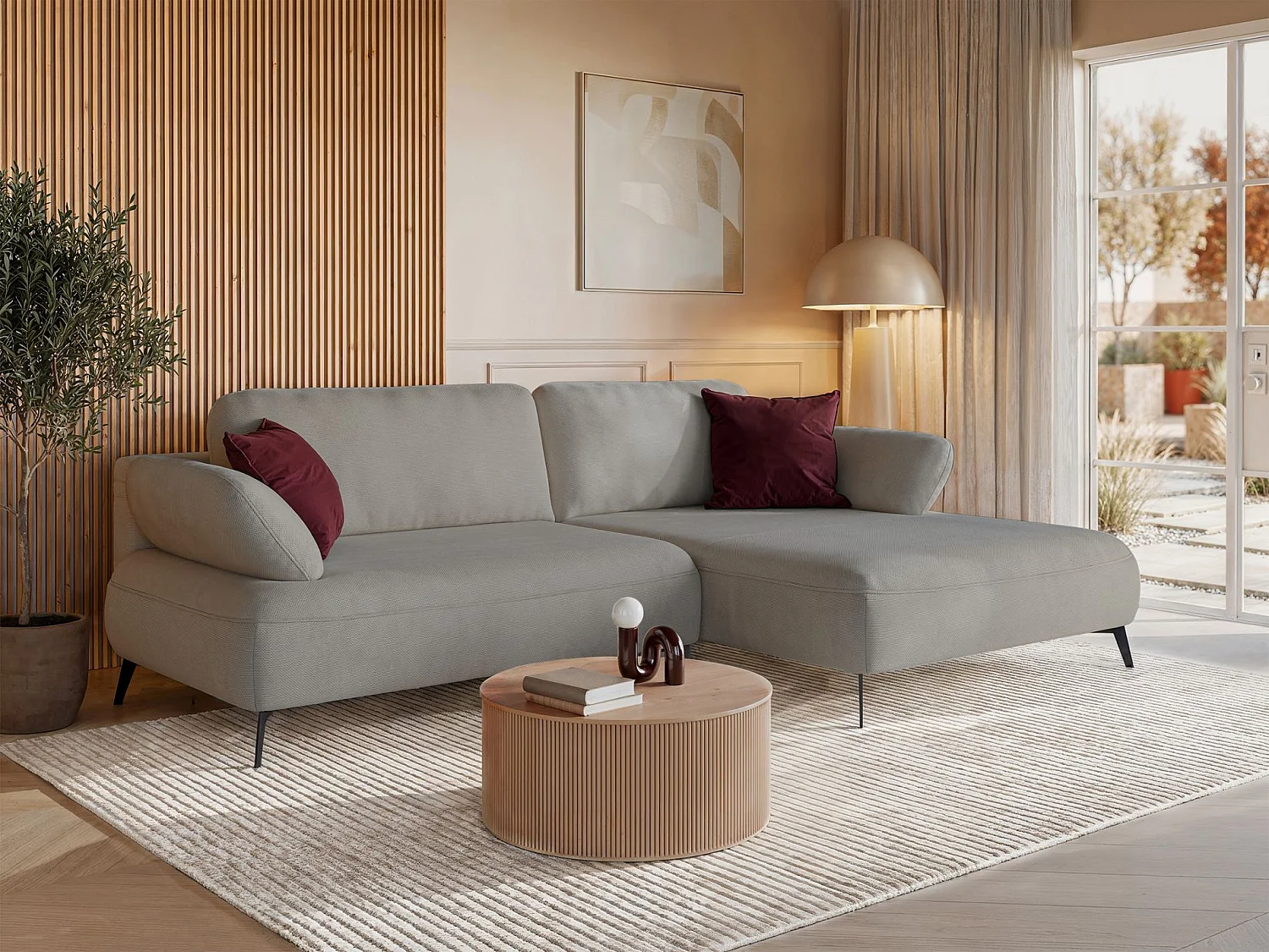 Canapé d’angle convertible – coffre de rangement – chenille hydrofuge – côté droit – gris beige – AVOLLA