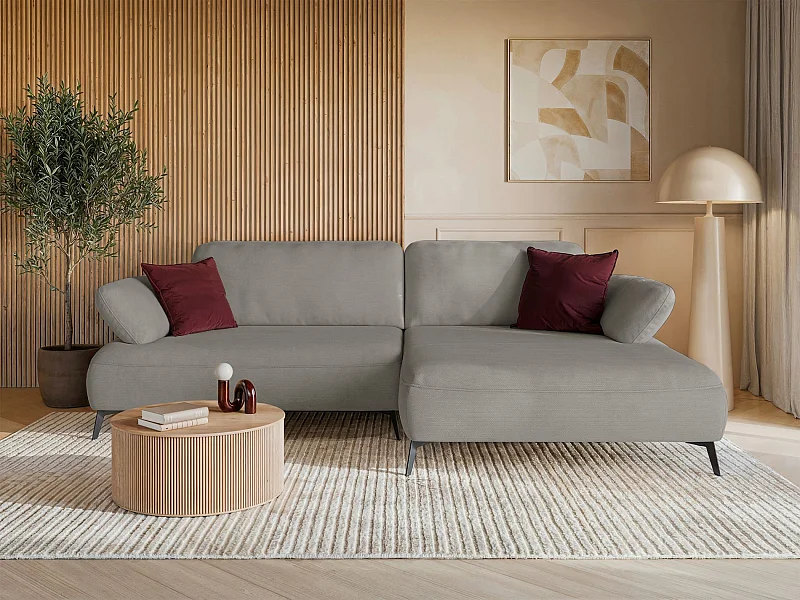 Canapé d’angle convertible – coffre de rangement – chenille hydrofuge – côté droit – gris beige – AVOLLA