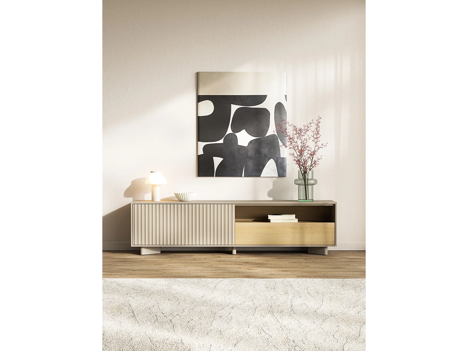 TV-Lowboard mit Schublade und geriffelter Front Kaschmirgrau / Eichenholzoptik – 175 cm – DISTRIA