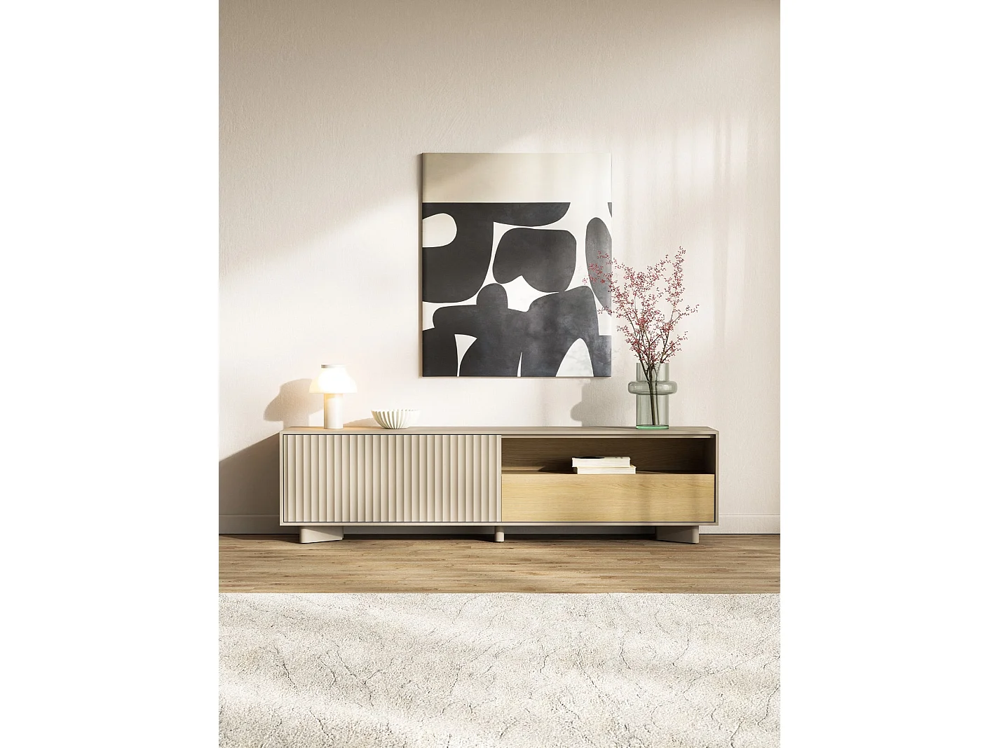 Meuble TV avec tiroir et façade rainurée – 175 cm – gris cachemire / aspect chêne – DISTRIA