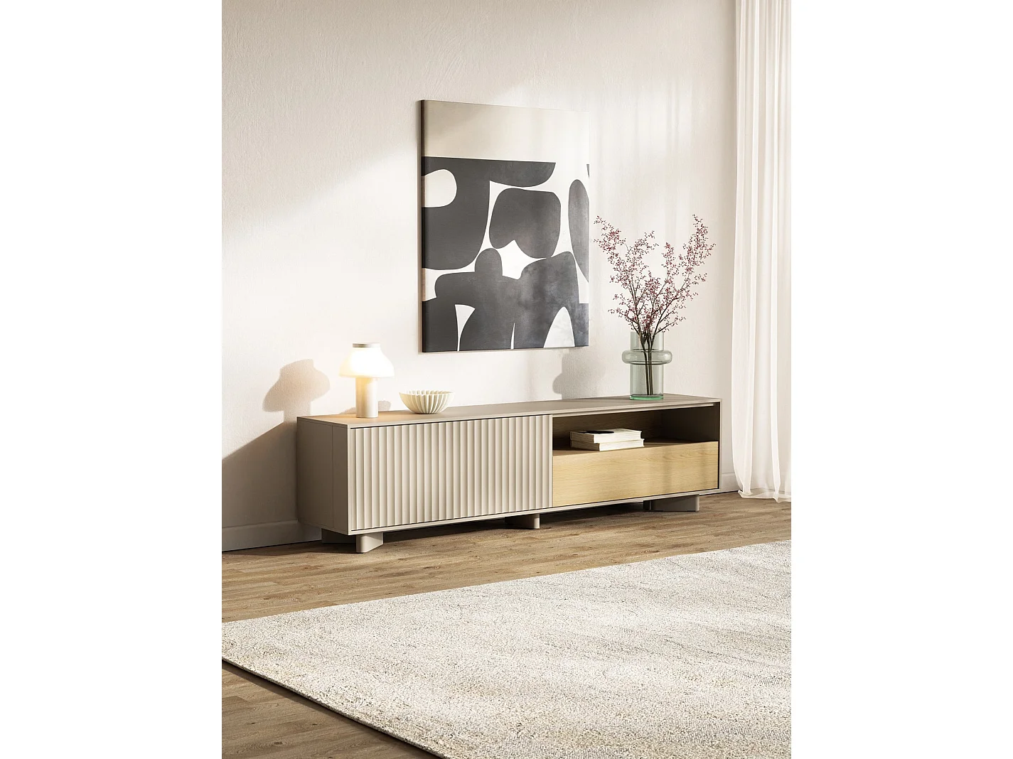 Meuble TV avec tiroir et façade rainurée – 175 cm – gris cachemire / aspect chêne – DISTRIA