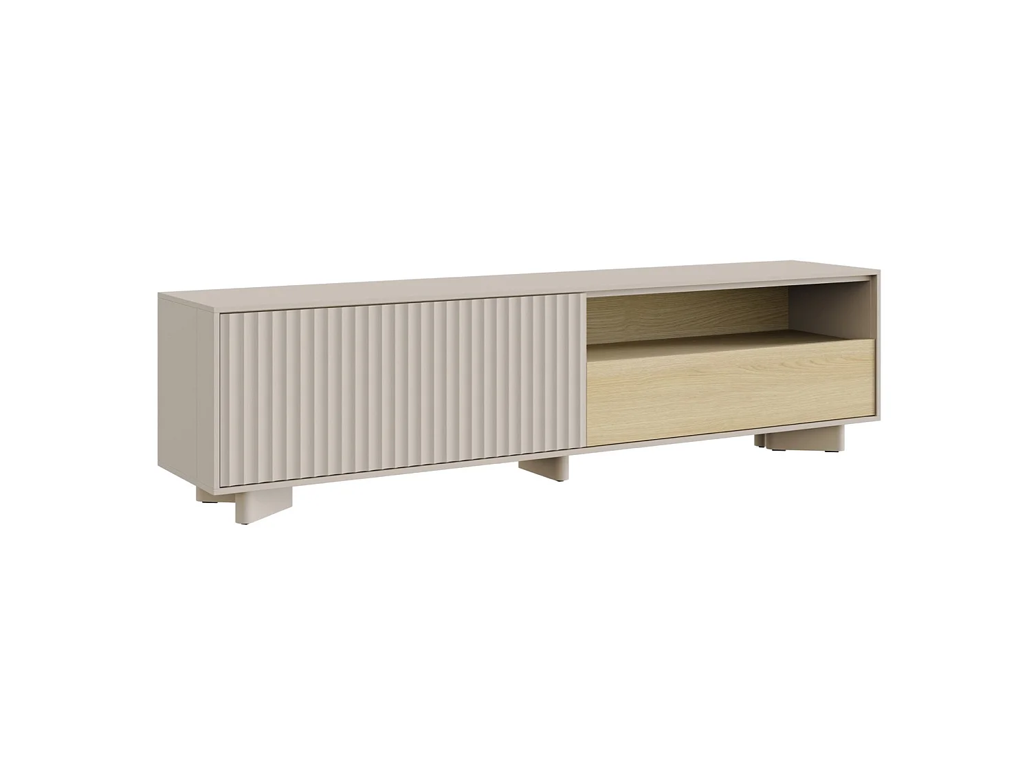 Meuble TV avec tiroir et façade rainurée – 175 cm – gris cachemire / aspect chêne – DISTRIA