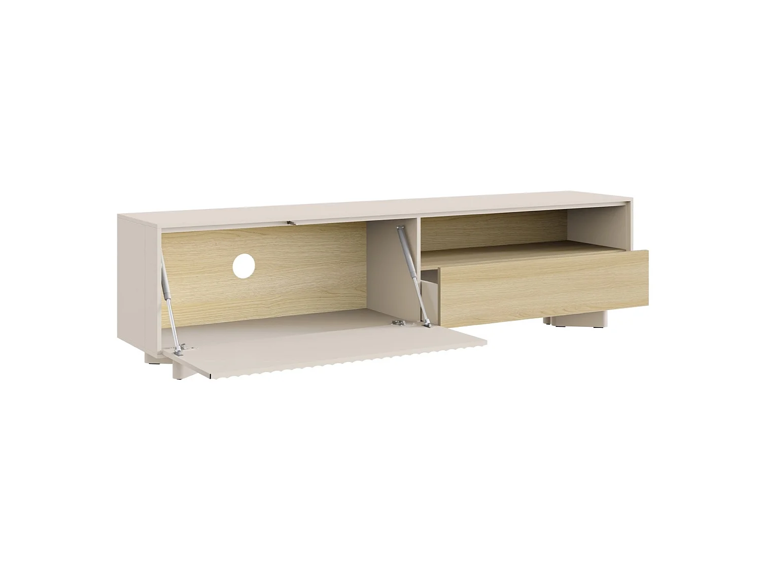 Meuble TV avec tiroir et façade rainurée – 175 cm – gris cachemire / aspect chêne – DISTRIA