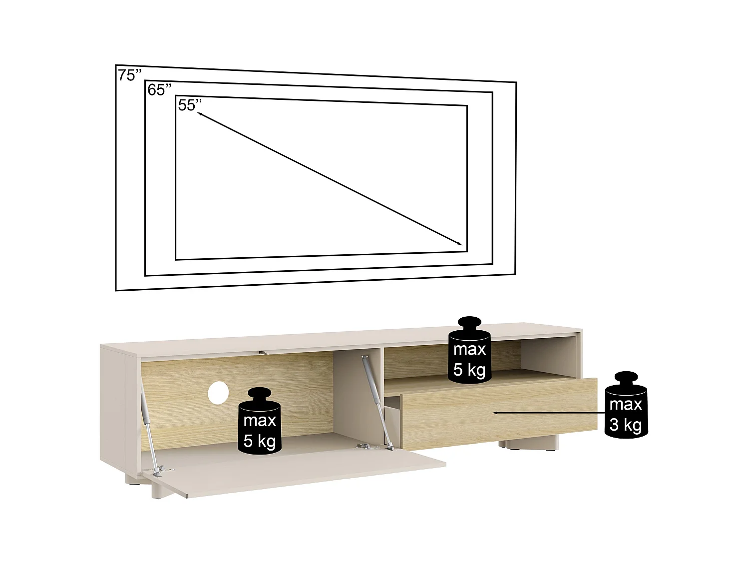 Meuble TV avec tiroir et façade rainurée – 175 cm – gris cachemire / aspect chêne – DISTRIA