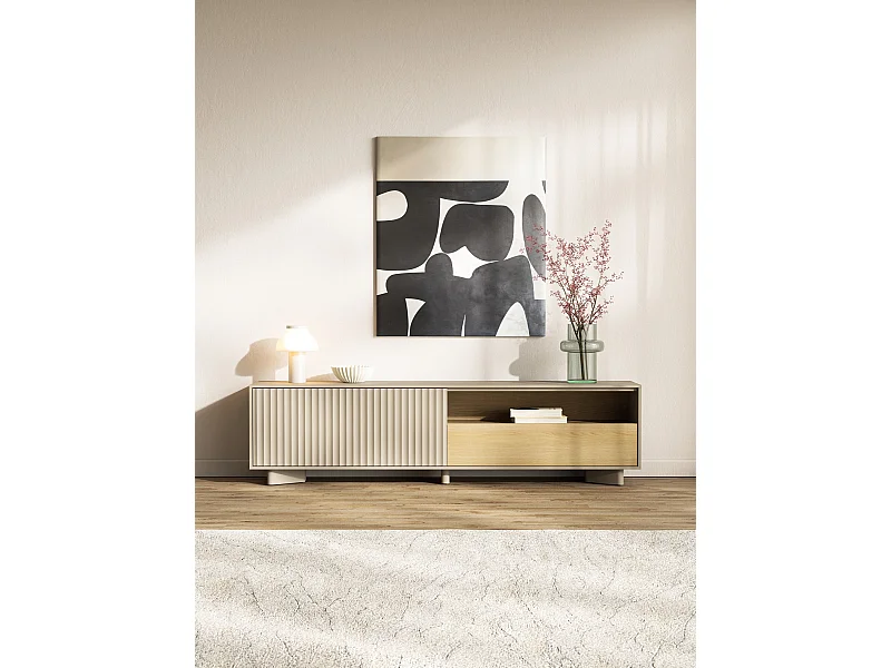 TV-Lowboard mit Schublade und geriffelter Front Kaschmirgrau / Eichenholzoptik – 175 cm – DISTRIA