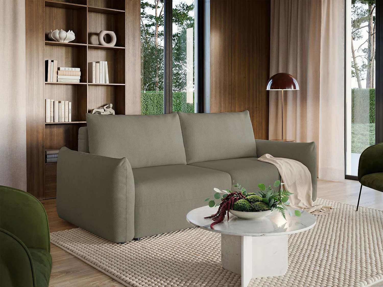 Canapé convertible 3 places – tissu chenille – beige – THEOLLA