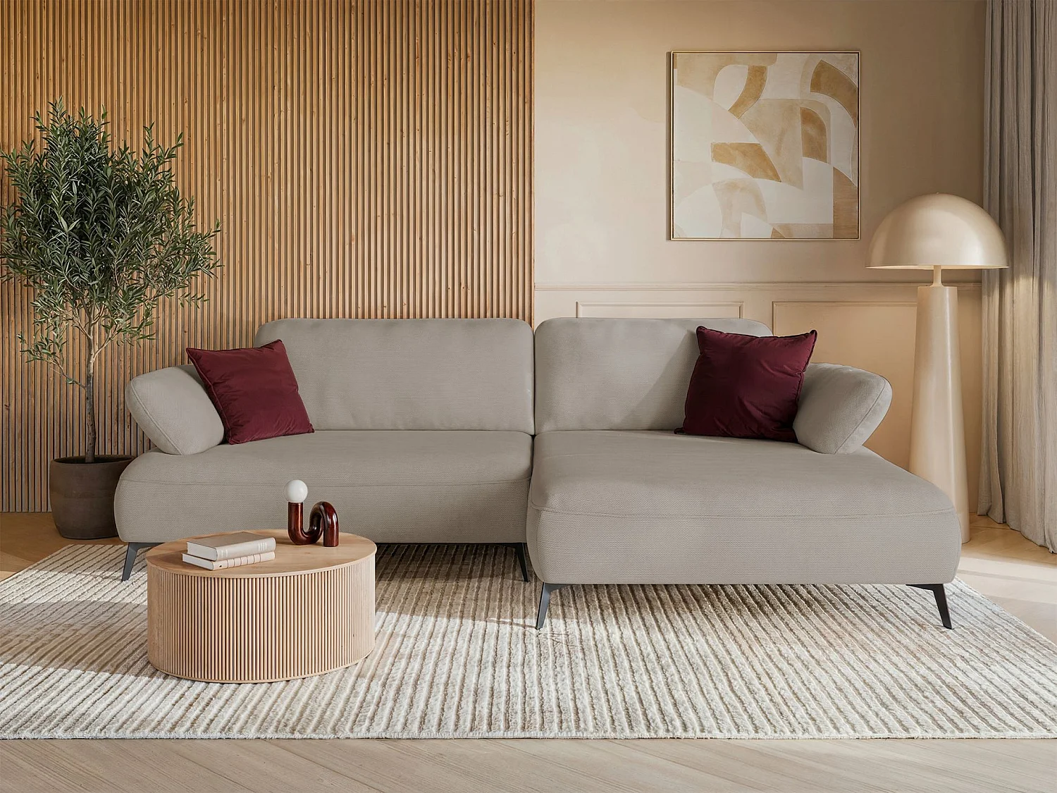 Canapé d’angle convertible – coffre de rangement – chenille hydrofuge – côté droit – beige – AVOLLA