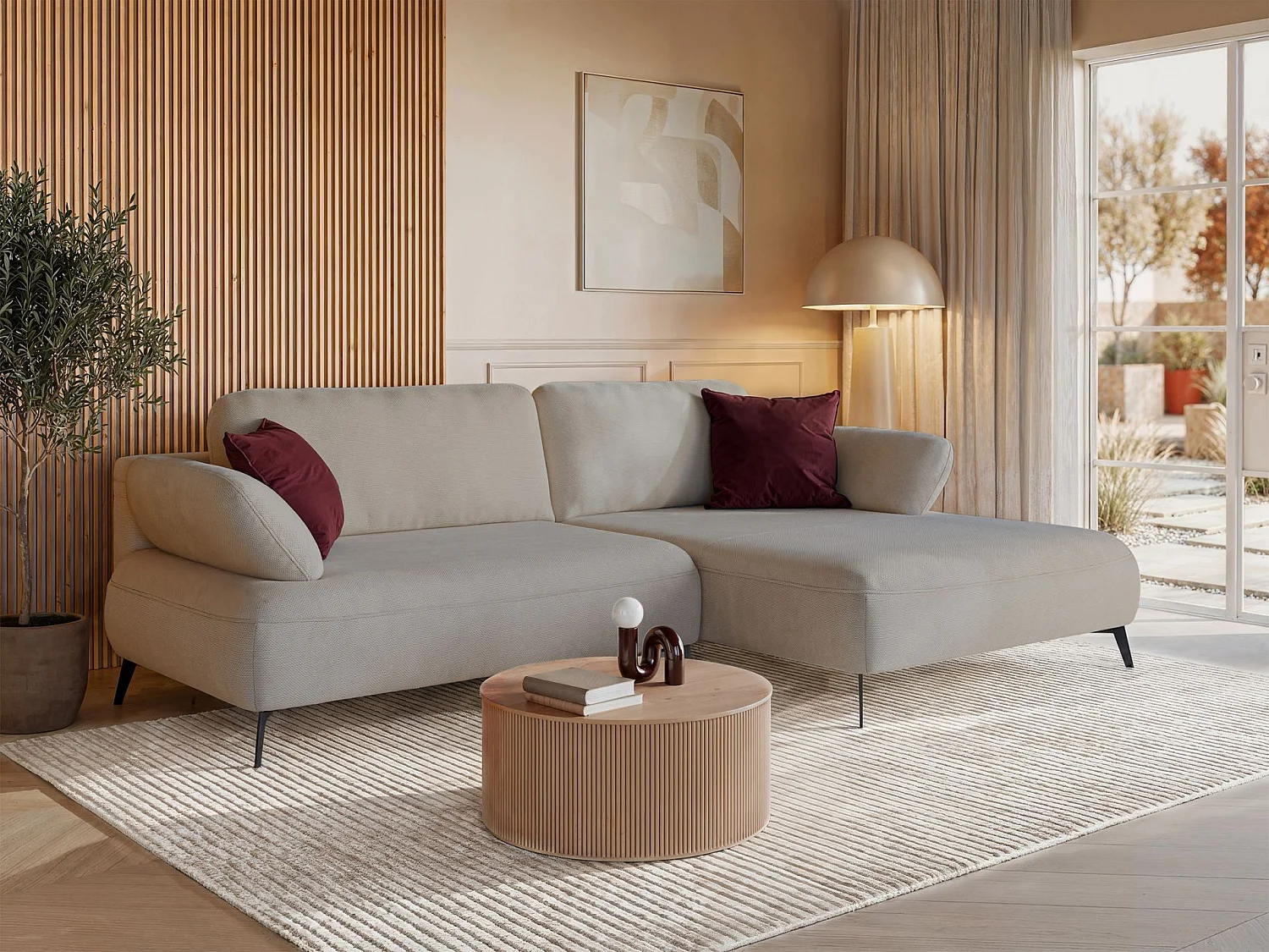 Canapé d’angle convertible – coffre de rangement – chenille hydrofuge – côté droit – beige – AVOLLA