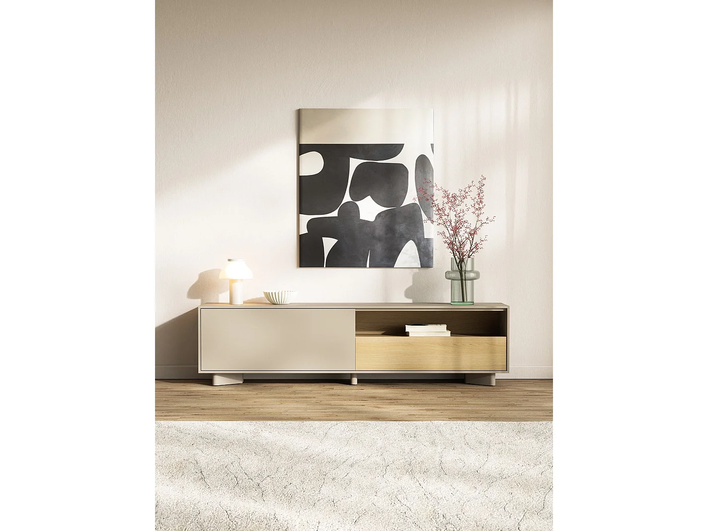 Meuble TV avec tiroir – 175 cm – gris cachemire / aspect chêne – DISTRIA