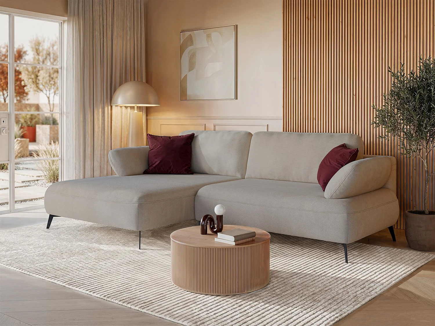 Canapé d’angle convertible – coffre de rangement – chenille hydrofuge – côté gauche – beige – AVOLLA