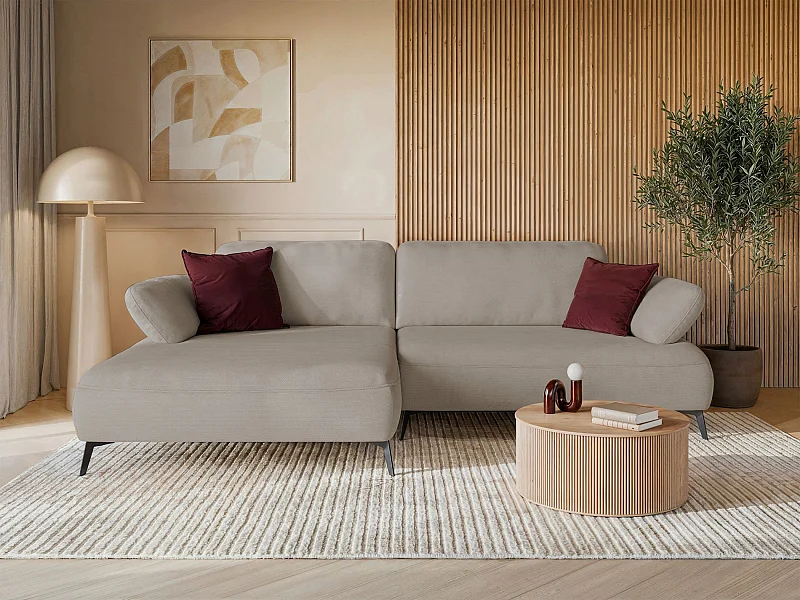 Canapé d’angle convertible – coffre de rangement – chenille hydrofuge – côté gauche – beige – AVOLLA