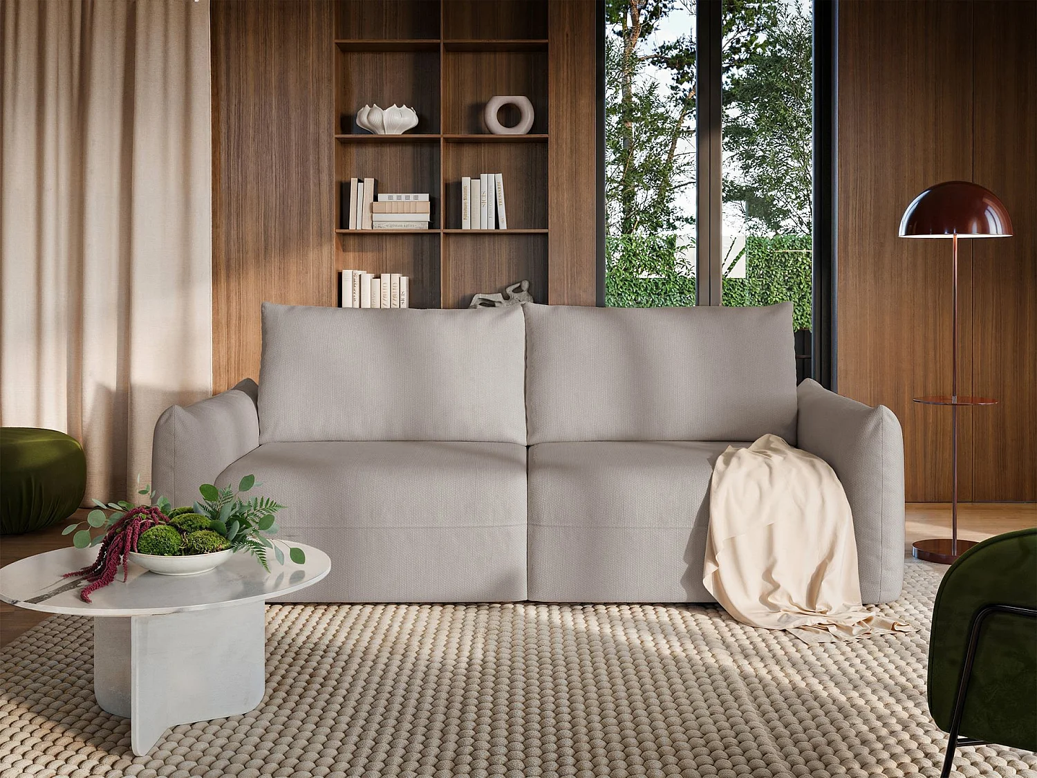 Canapé convertible 3 places – tissu chenille – beige clair – THEOLLA