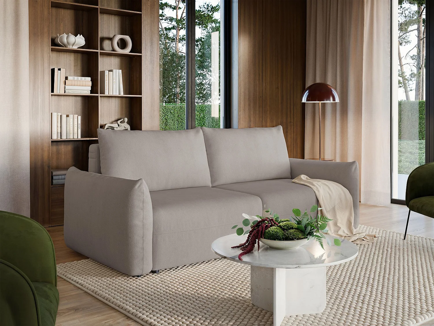 Canapé convertible 3 places – tissu chenille – beige clair – THEOLLA