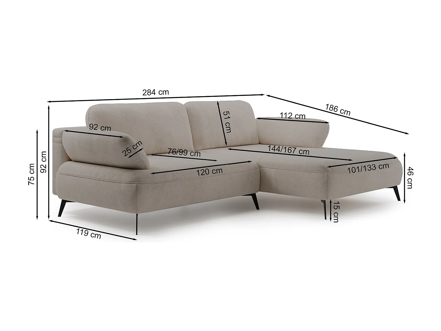 Canapé d’angle convertible – coffre de rangement – chenille hydrofuge – côté gauche – beige foncé – AVOLLA