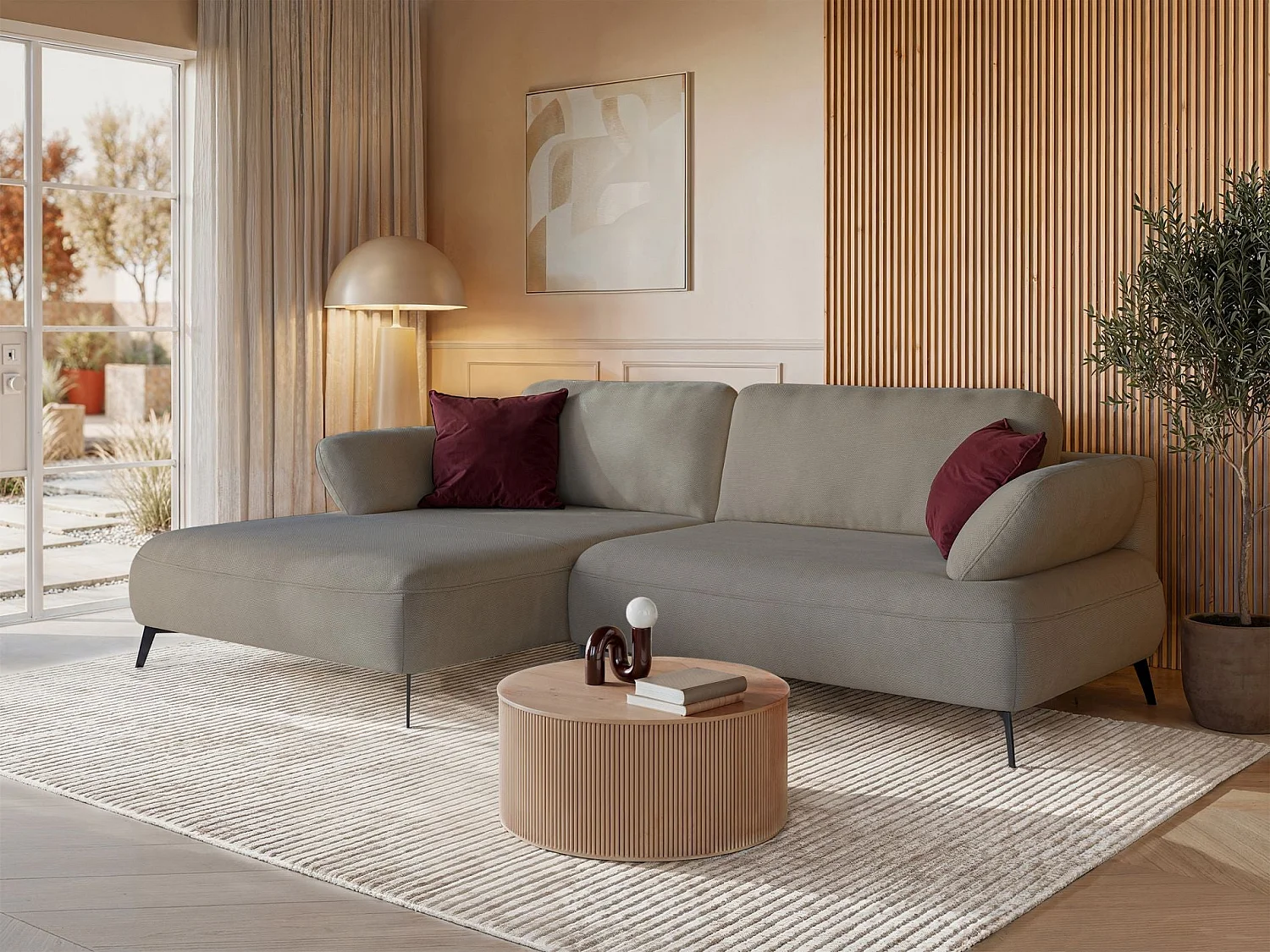 Ecksofa mit Schlaffunktion – Bettkasten – hydrophobe Chenille – linksseitig – Dunkelbeige – AVOLLA