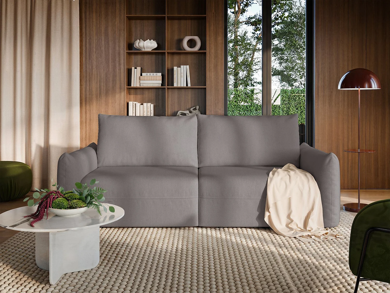 Canapé convertible 3 places – tissu chenille – gris beige – THEOLLA