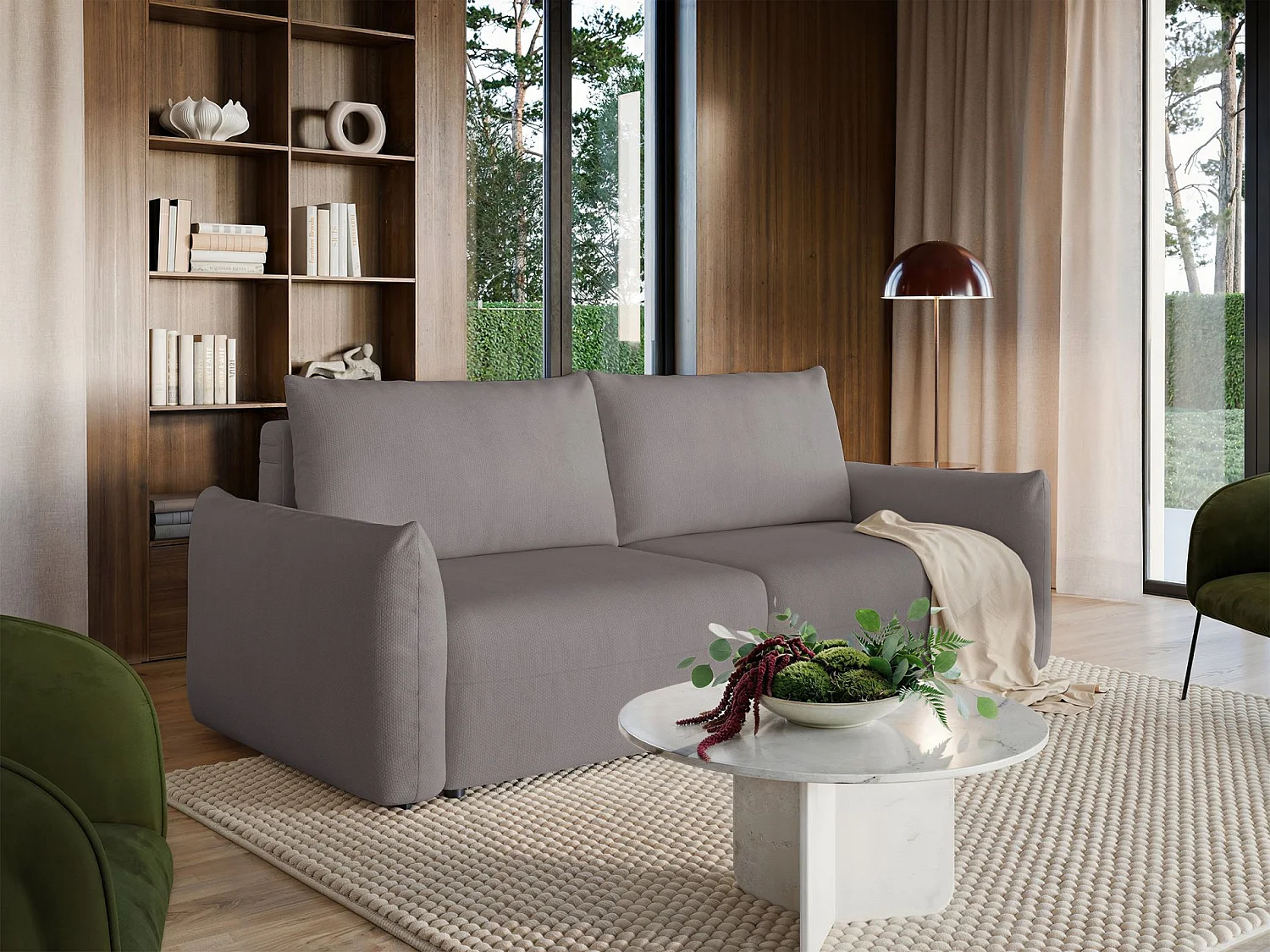 Canapé convertible 3 places – tissu chenille – gris beige – THEOLLA