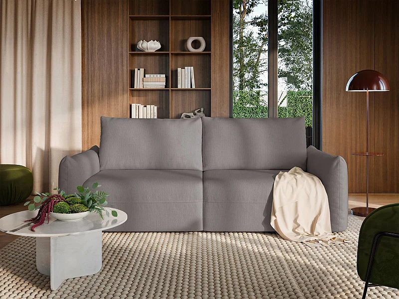 Canapé convertible 3 places – tissu chenille – gris beige – THEOLLA