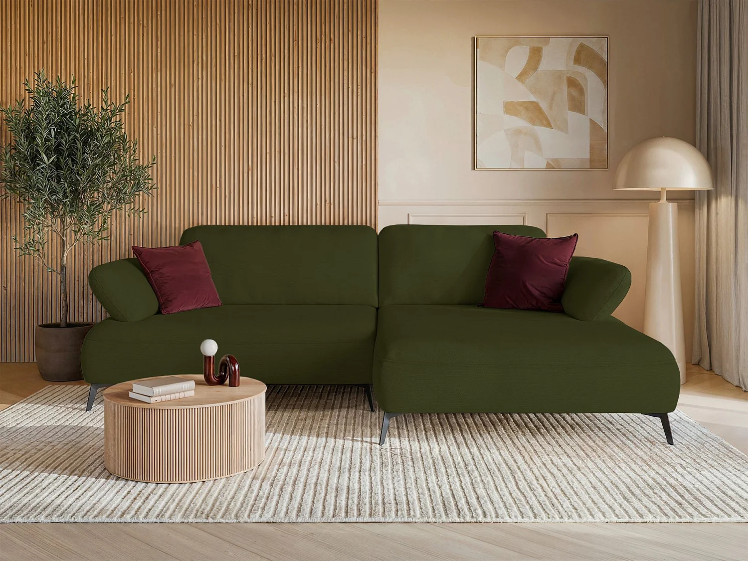 Canapé d’angle convertible – coffre de rangement – chenille hydrofuge – côté droit – vert olive – AVOLLA