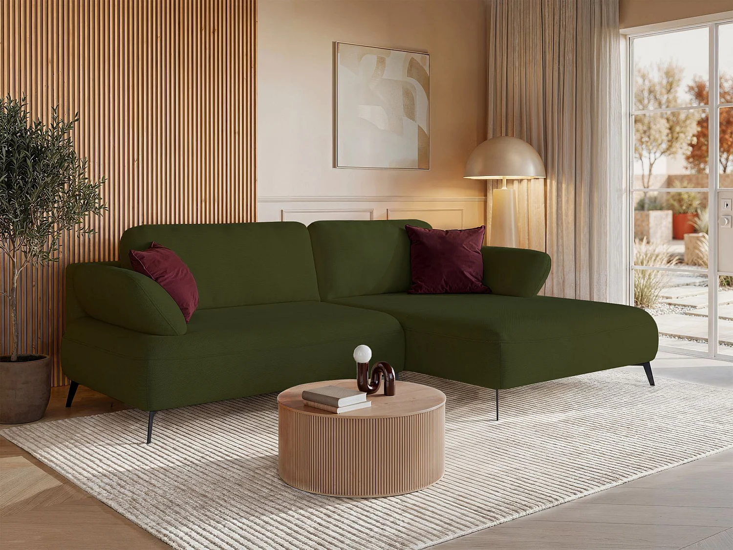 Canapé d’angle convertible – coffre de rangement – chenille hydrofuge – côté droit – vert olive – AVOLLA