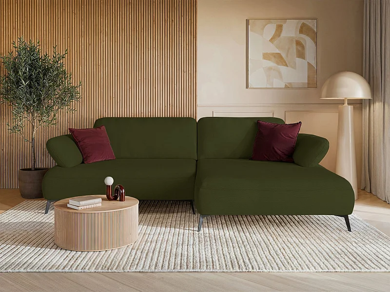 Canapé d’angle convertible – coffre de rangement – chenille hydrofuge – côté droit – vert olive – AVOLLA
