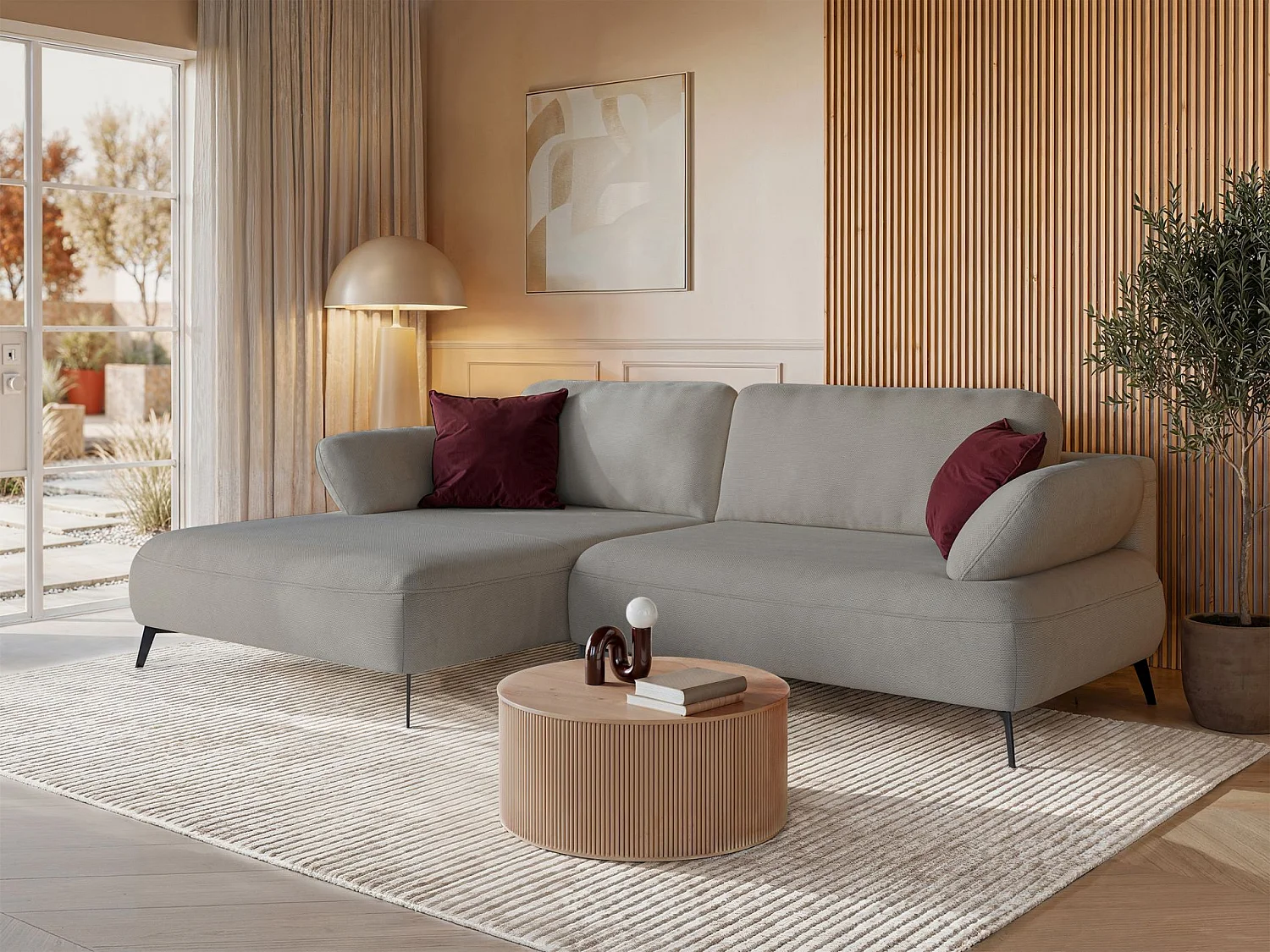 Canapé d’angle convertible – coffre de rangement – chenille hydrofuge – côté gauche – gris beige – AVOLLA