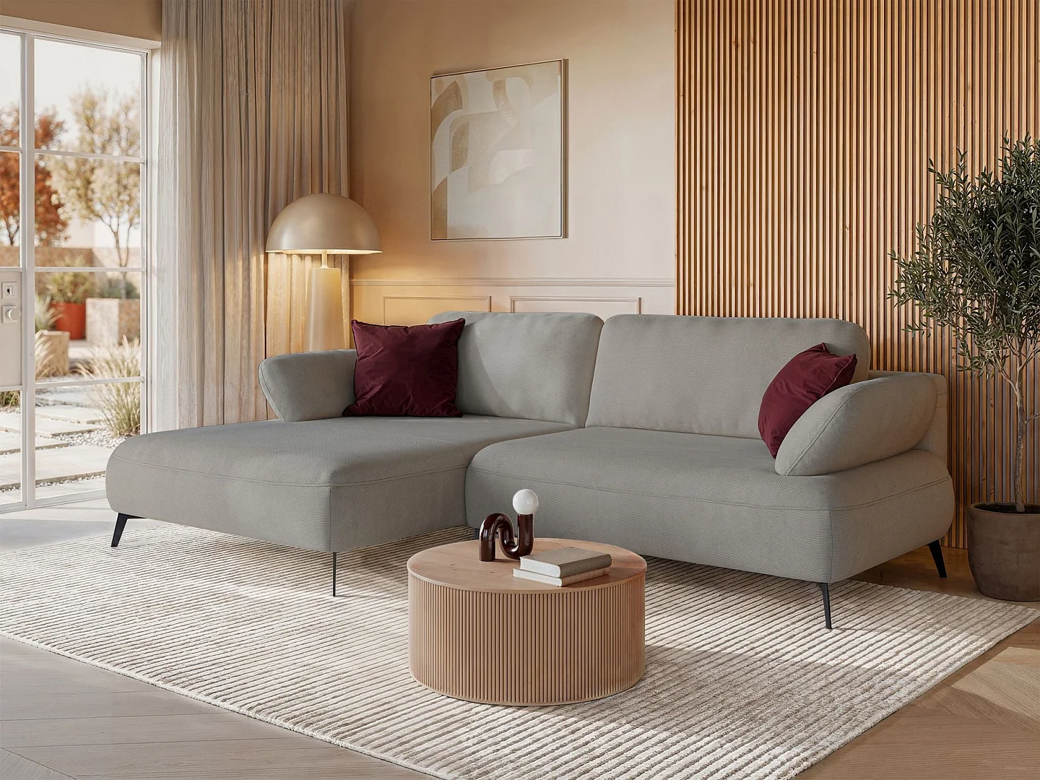 Ecksofa mit Schlaffunktion – Bettkasten – hydrophobe Chenille – linksseitig – Graubeige – AVOLLA