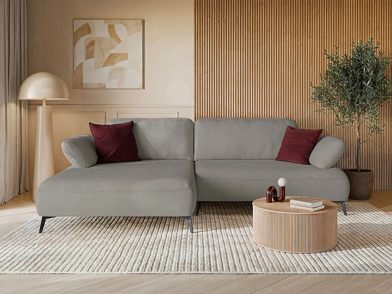 Canapé d’angle convertible – coffre de rangement – chenille hydrofuge – côté gauche – gris beige – AVOLLA