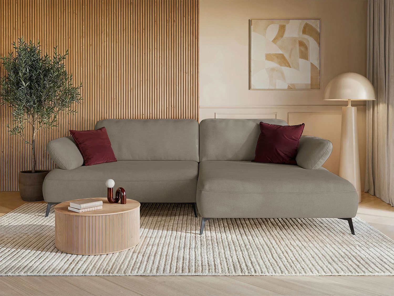 Canapé d’angle convertible – coffre de rangement – chenille hydrofuge – côté droit – beige foncé – AVOLLA