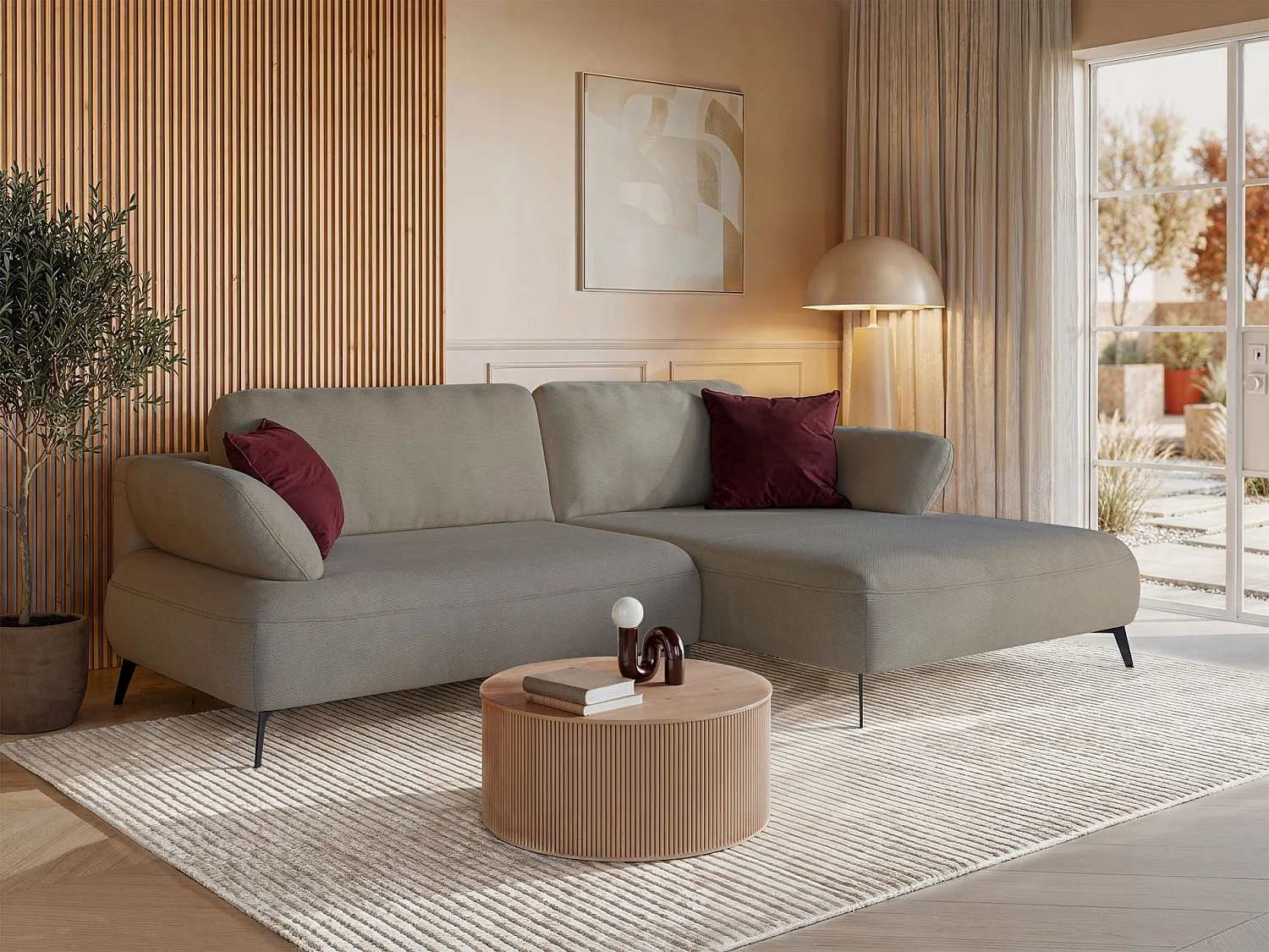 Canapé d’angle convertible – coffre de rangement – chenille hydrofuge – côté droit – beige foncé – AVOLLA