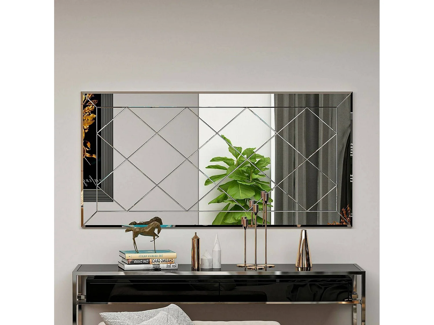 Miroir Qamar, Verre miroité, Objet d'ameublement mural, Décoration avec miroir, 60x2h120 cm, Blanc