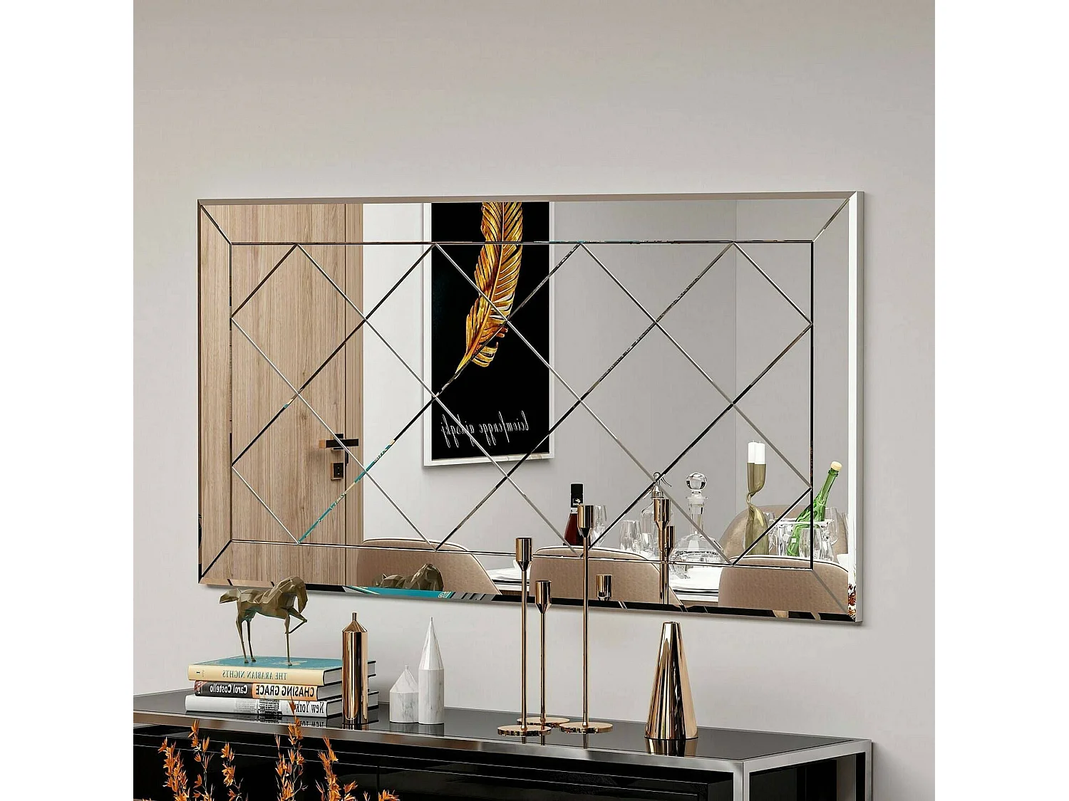 Miroir Qamar, Verre miroité, Objet d'ameublement mural, Décoration avec miroir, 60x2h120 cm, Blanc