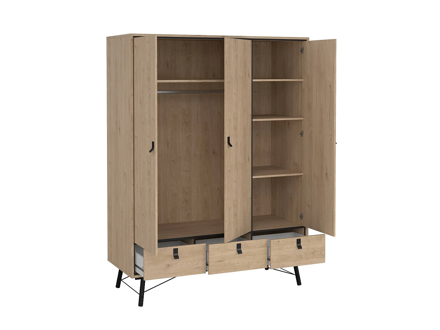 Dsalvion 3-deurskast, Slaapkamermeubel, Inloopkast, Kledingkast, 150x60 h200 cm, Eiken