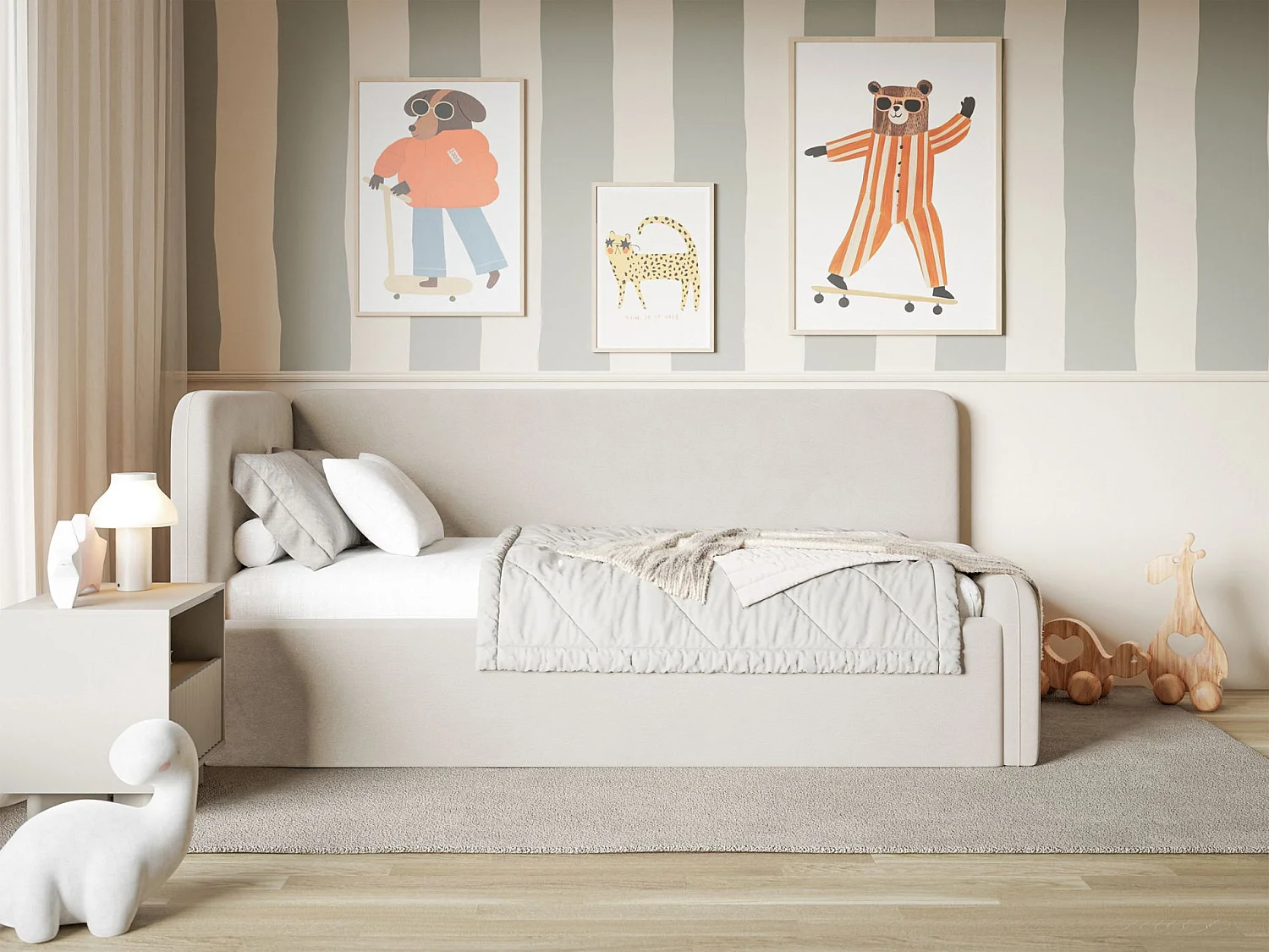 Lit junior 90x200 – tête de lit à droite – velours – beige clair – FANKO