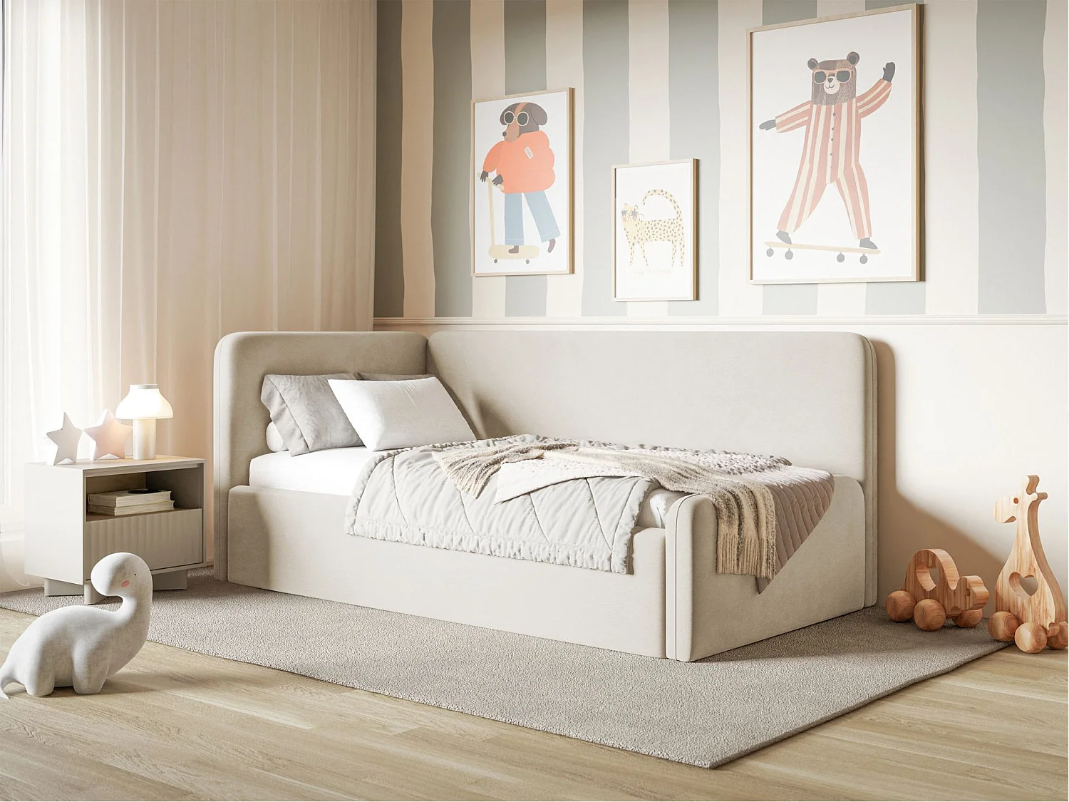 Tienerbed 90x200 met hoofdbord links – velours – lichtbeige – FANKO