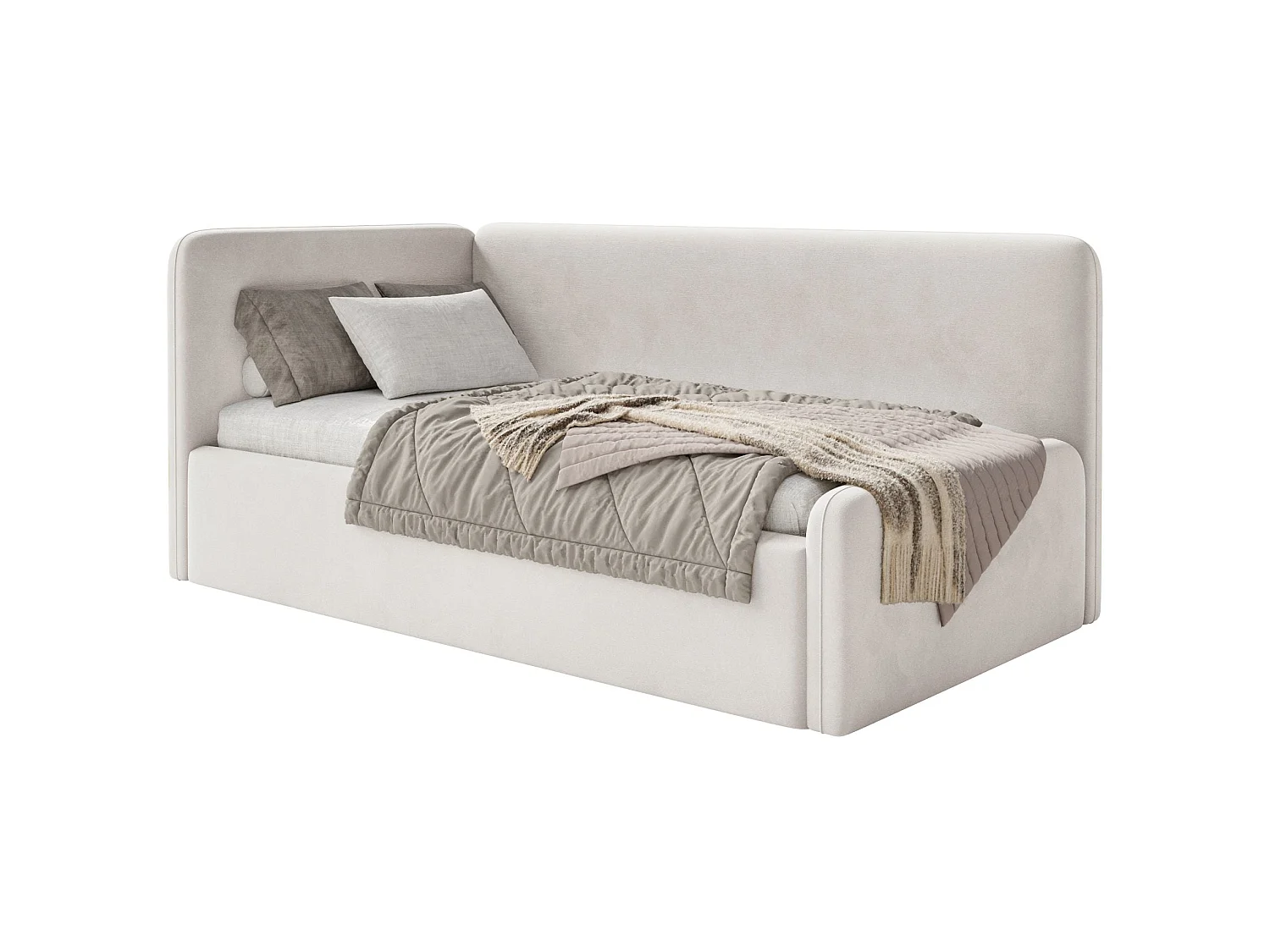 Tienerbed 90x200 met hoofdbord links – velours – lichtbeige – FANKO