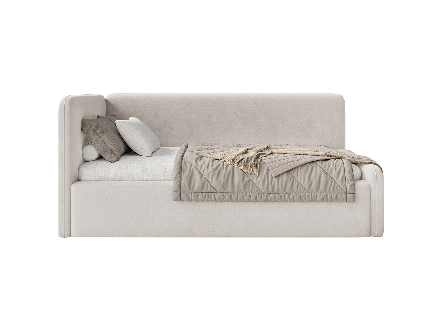 Tienerbed 90x200 met hoofdbord links – velours – lichtbeige – FANKO