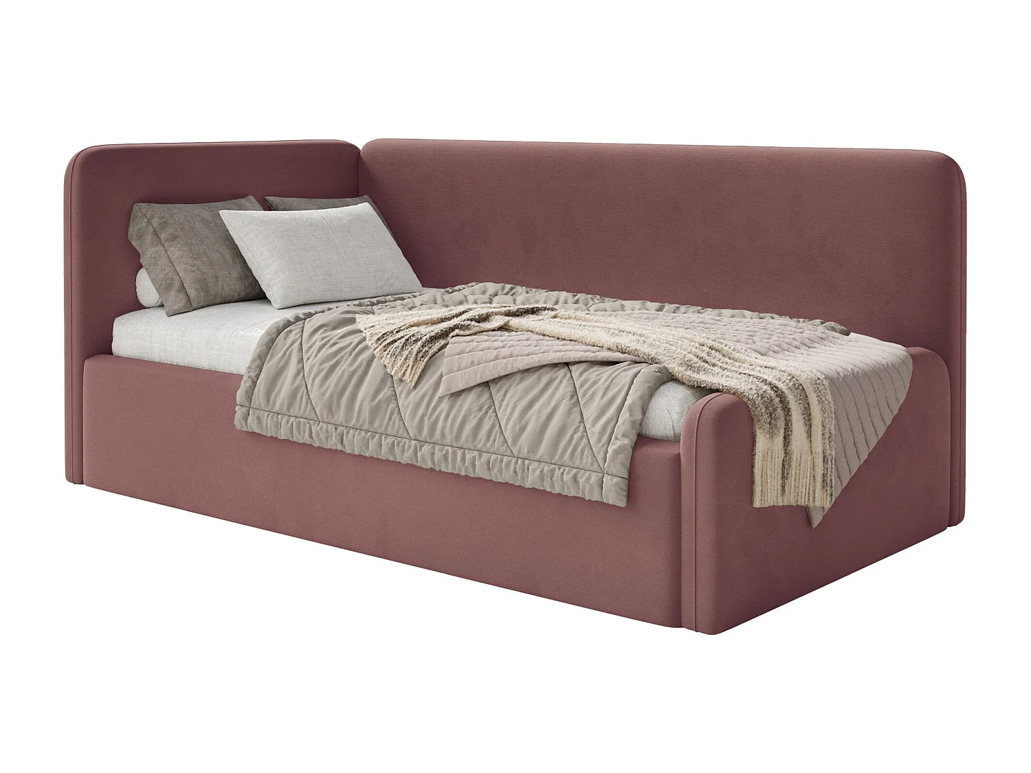 Tienerbed 90x200 met hoofdbord links – velours – roze – FANKO