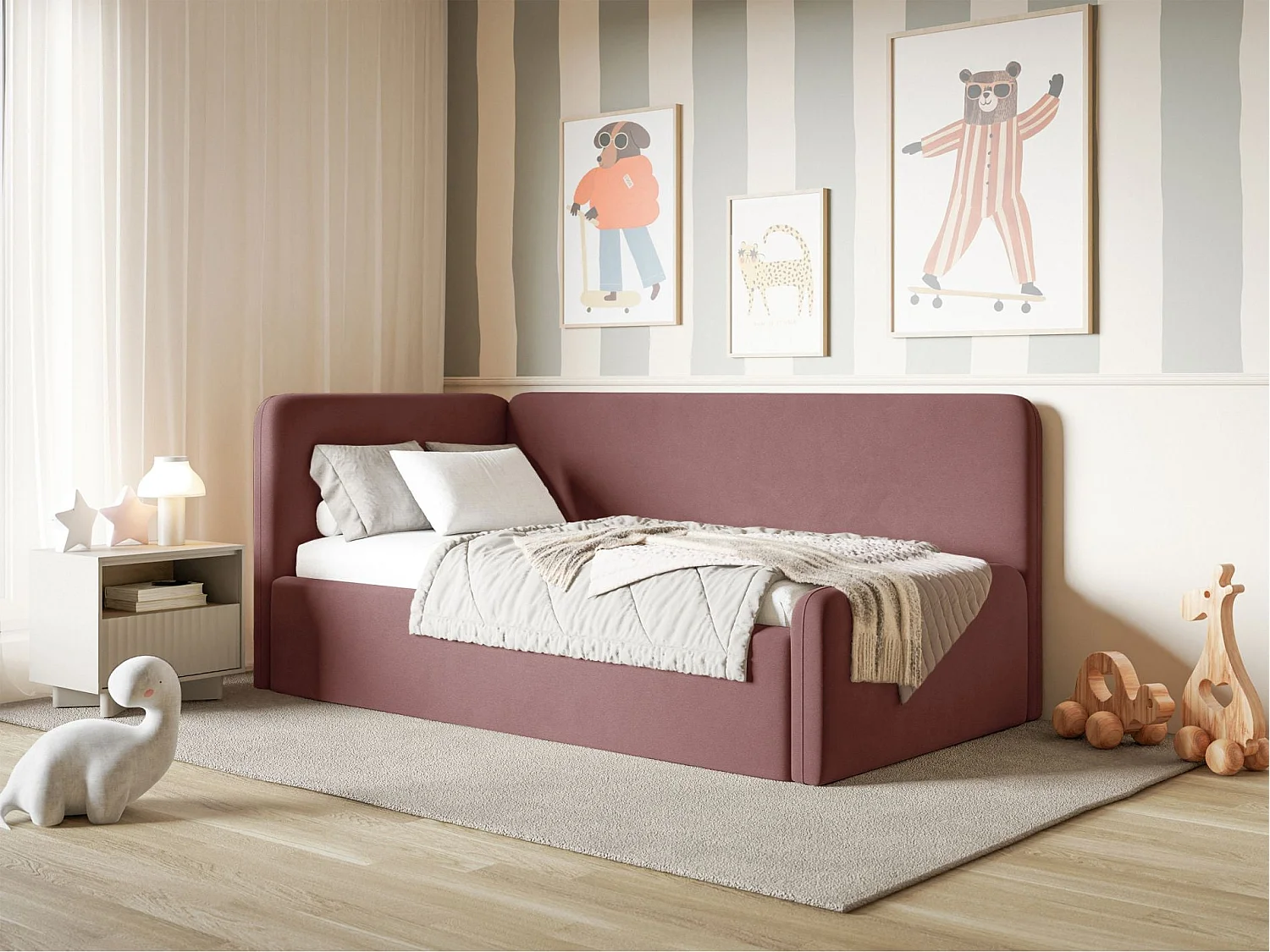 Tienerbed 90x200 met hoofdbord links – velours – roze – FANKO